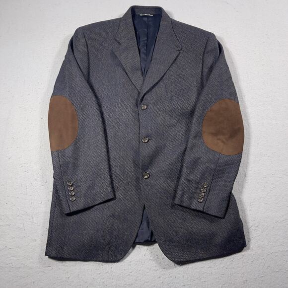 Jack Victor Blazer Mens 42‎ Blue Wool Elbow Patch Sport Coat Herringbone Jacket - Picture 1 of 10